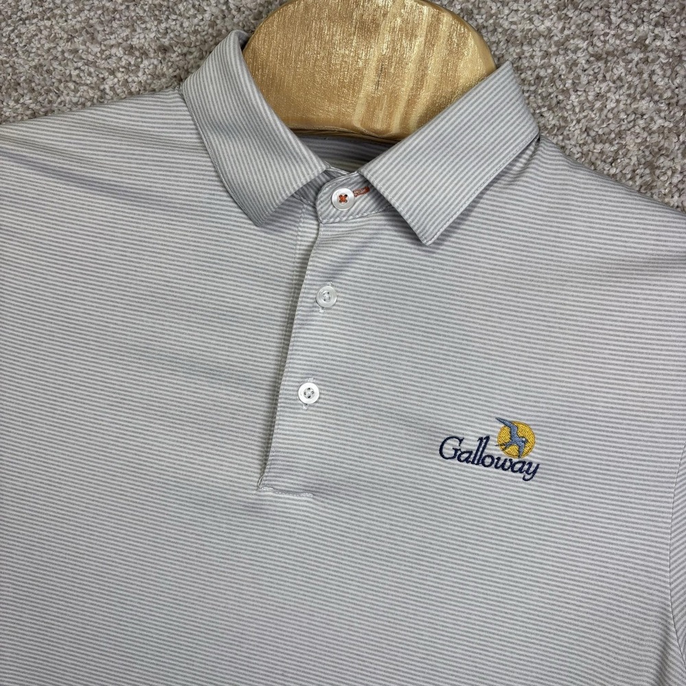 KJUS Polo Shirt Mens Medium Gray Stripe Galloway Logo UPF 50+ Golf Performance